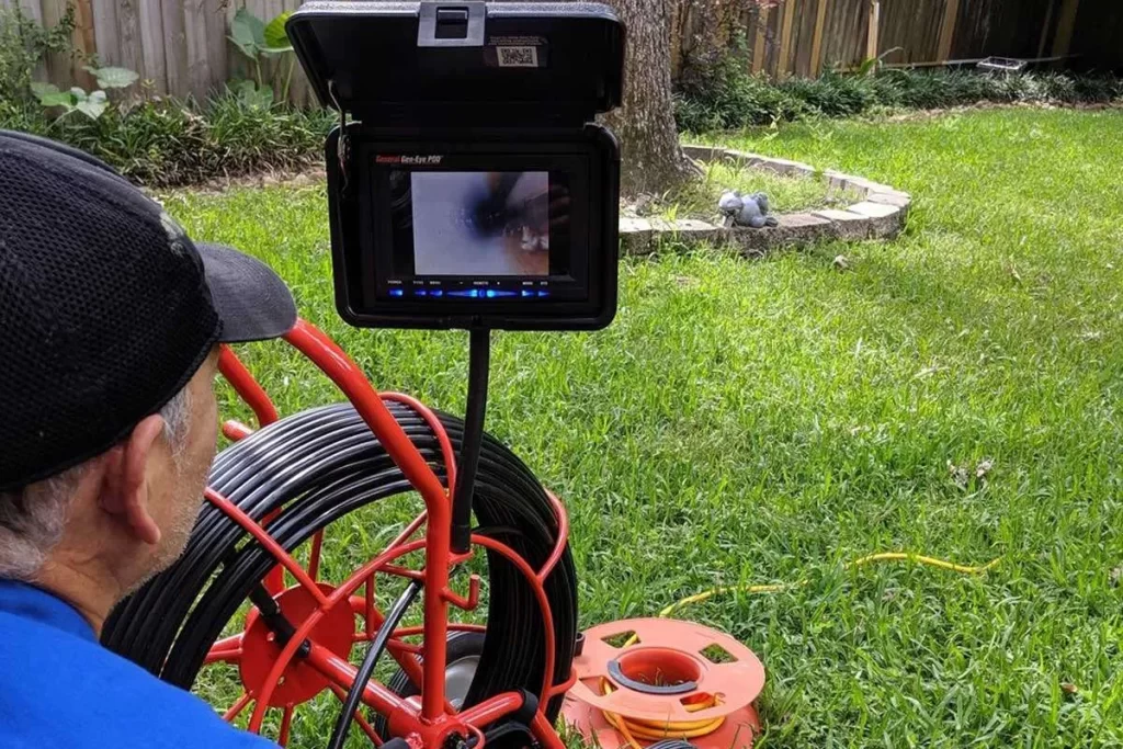 homeguide plumber performing sewer camera inspection in yard access point